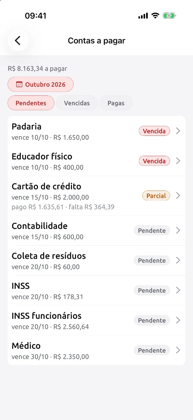 Contas a pagar do mês com status vencida, parcial e pendente