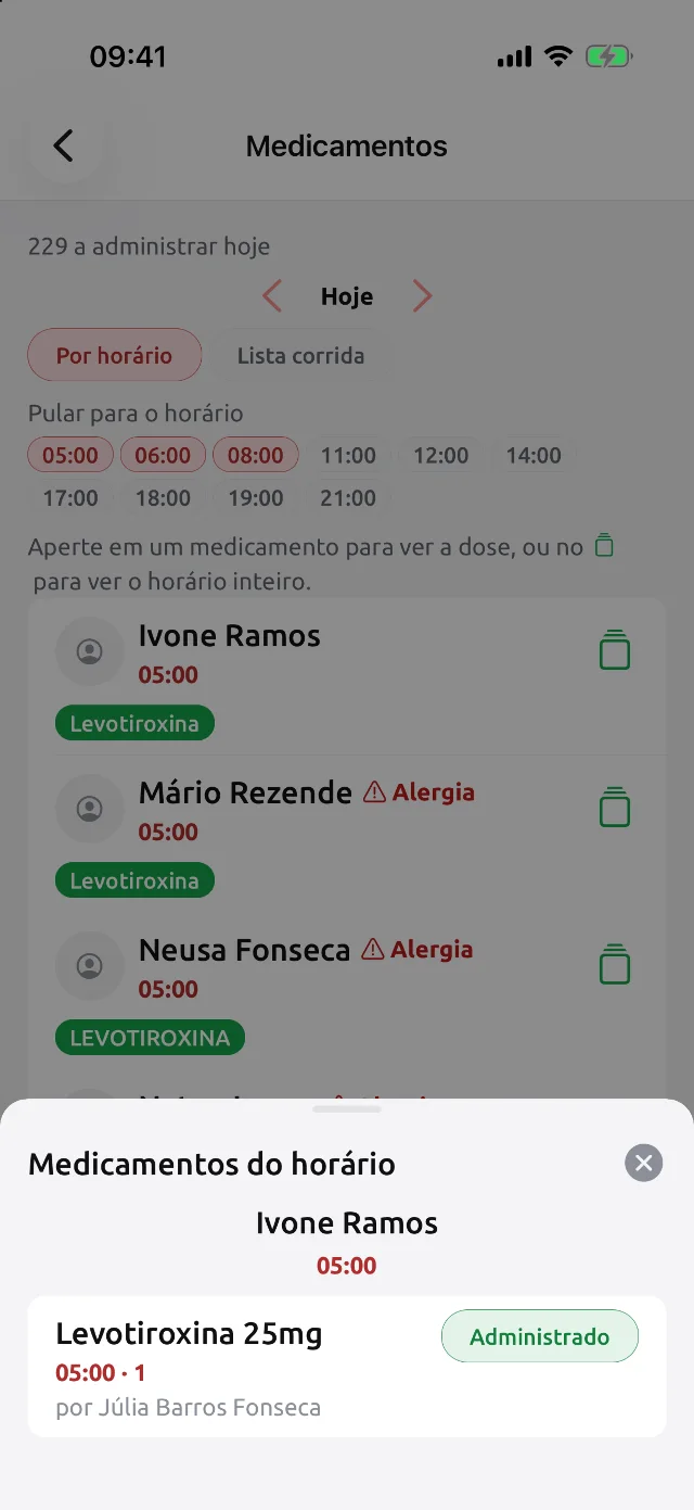 Detalhe de um horário mostrando a medicação administrada e quem a administrou