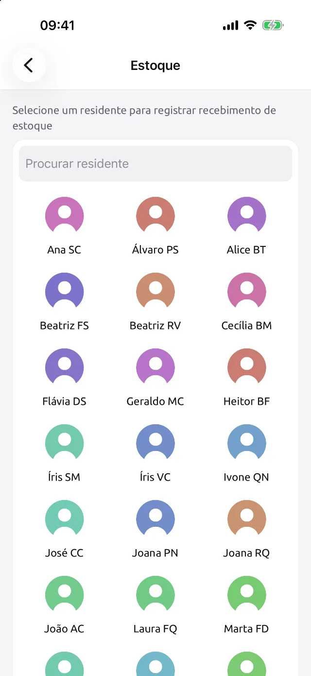 Escolha do residente para registrar recebimento de estoque