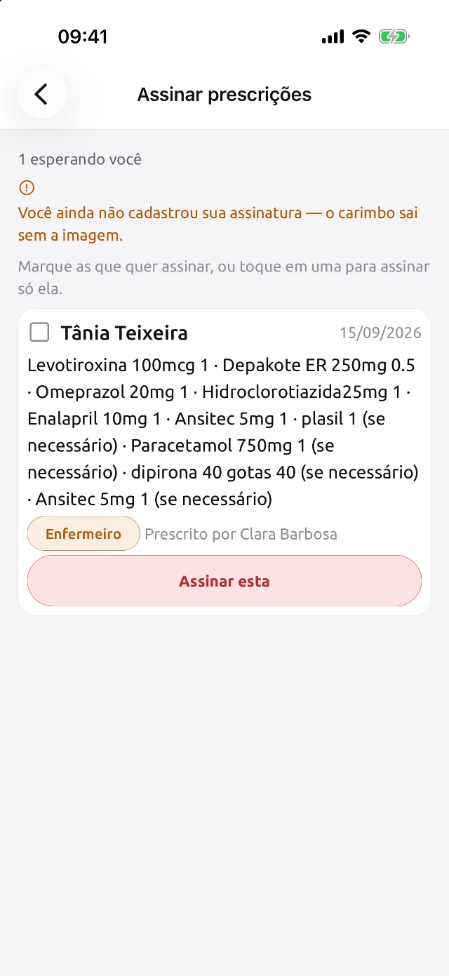 Tela do médico para assinar prescrições