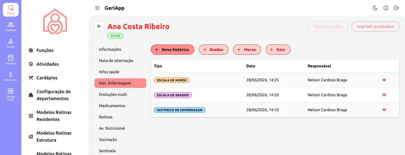 Histórico de enfermagem do residente com as escalas de Morse e de Braden