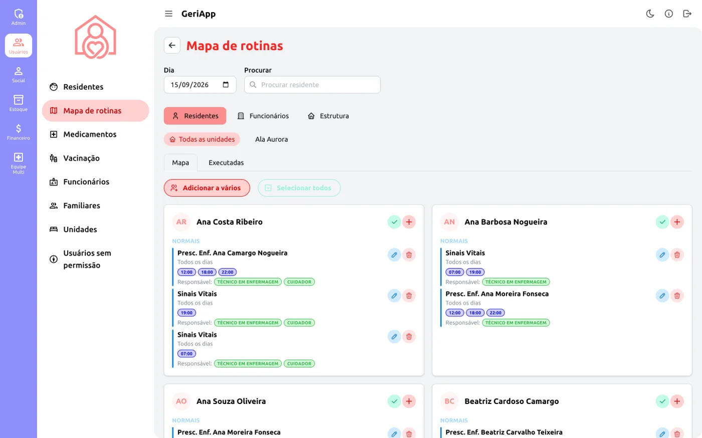 Mapa de rotinas no computador, com as rotinas de cada residente, horários e responsáveis